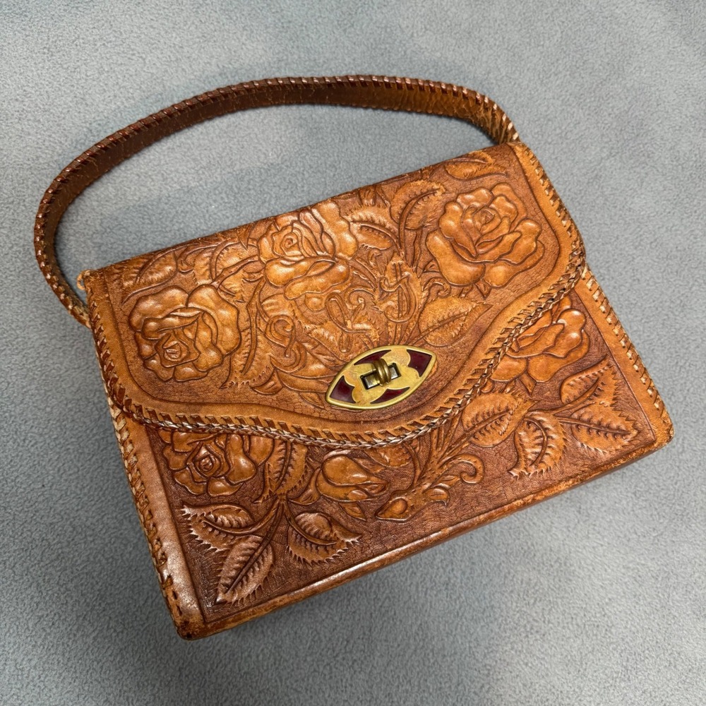 Vintage Handbag Hand Tooled Leather Floral Rose Western Boho Brown Cottagecore